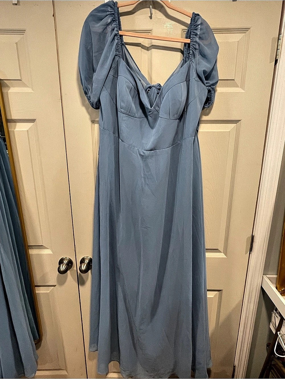 Azazie x Barbie Off-Shoulder Puff Sleeve Dress Steel Blue Gown New with tags